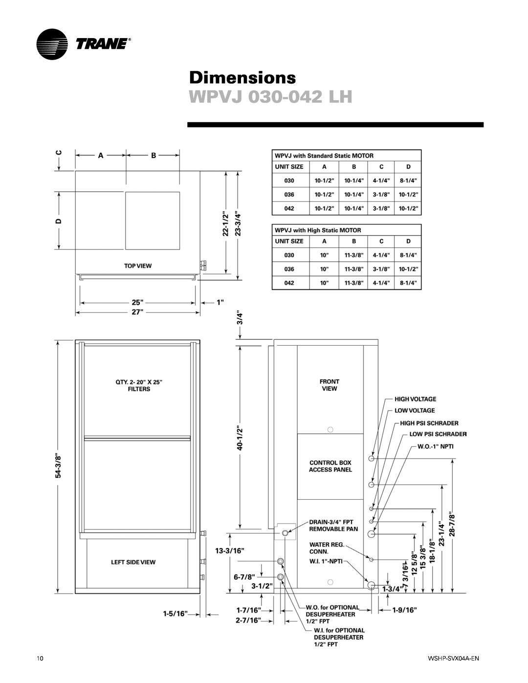 Trane WPHF manual WPVJ 030-042LH, Dimensions 