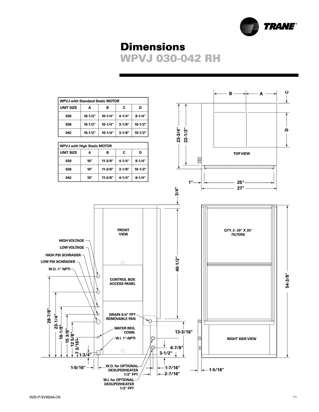 Trane WPHF manual WPVJ 030-042RH, Dimensions, WSHP-SVX04A-EN 