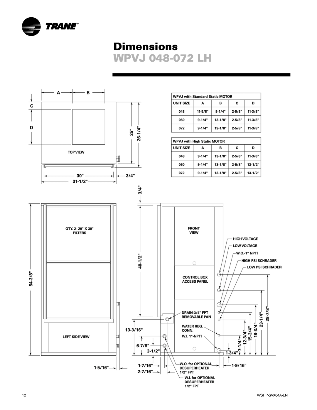 Trane WPHF manual WPVJ 048-072LH, Dimensions 