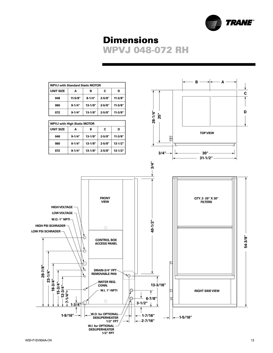 Trane WPHF manual WPVJ 048-072RH, Dimensions, WSHP-SVX04A-EN 