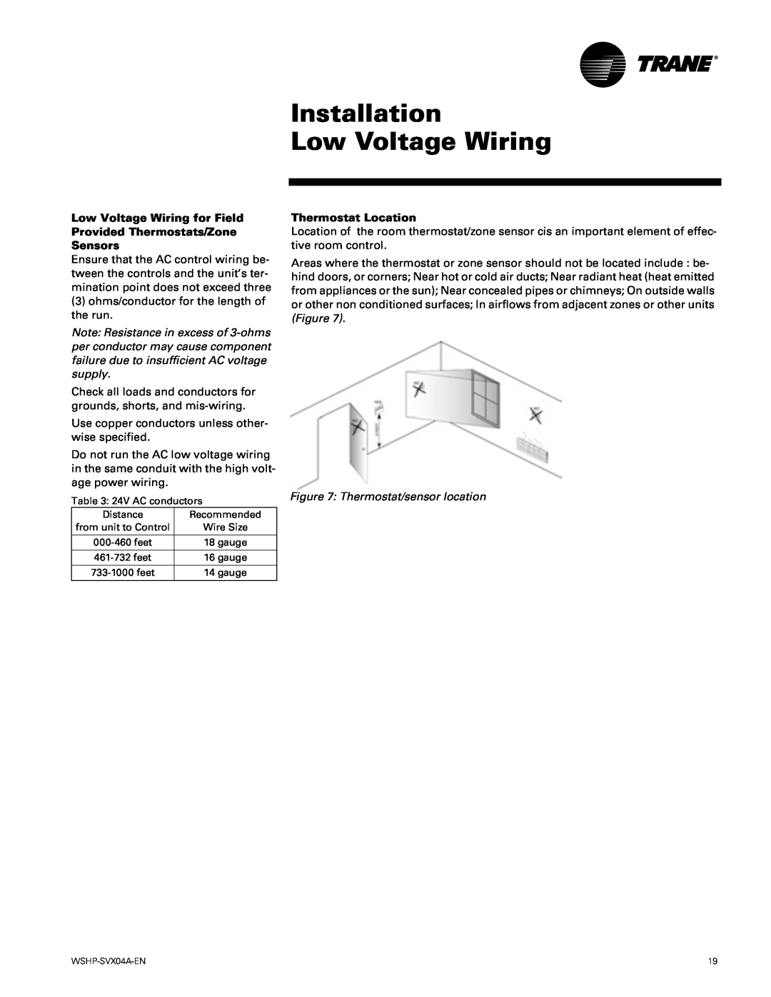 Trane WPVJ, WPHF manual Installation Low Voltage Wiring, Thermostat Location 