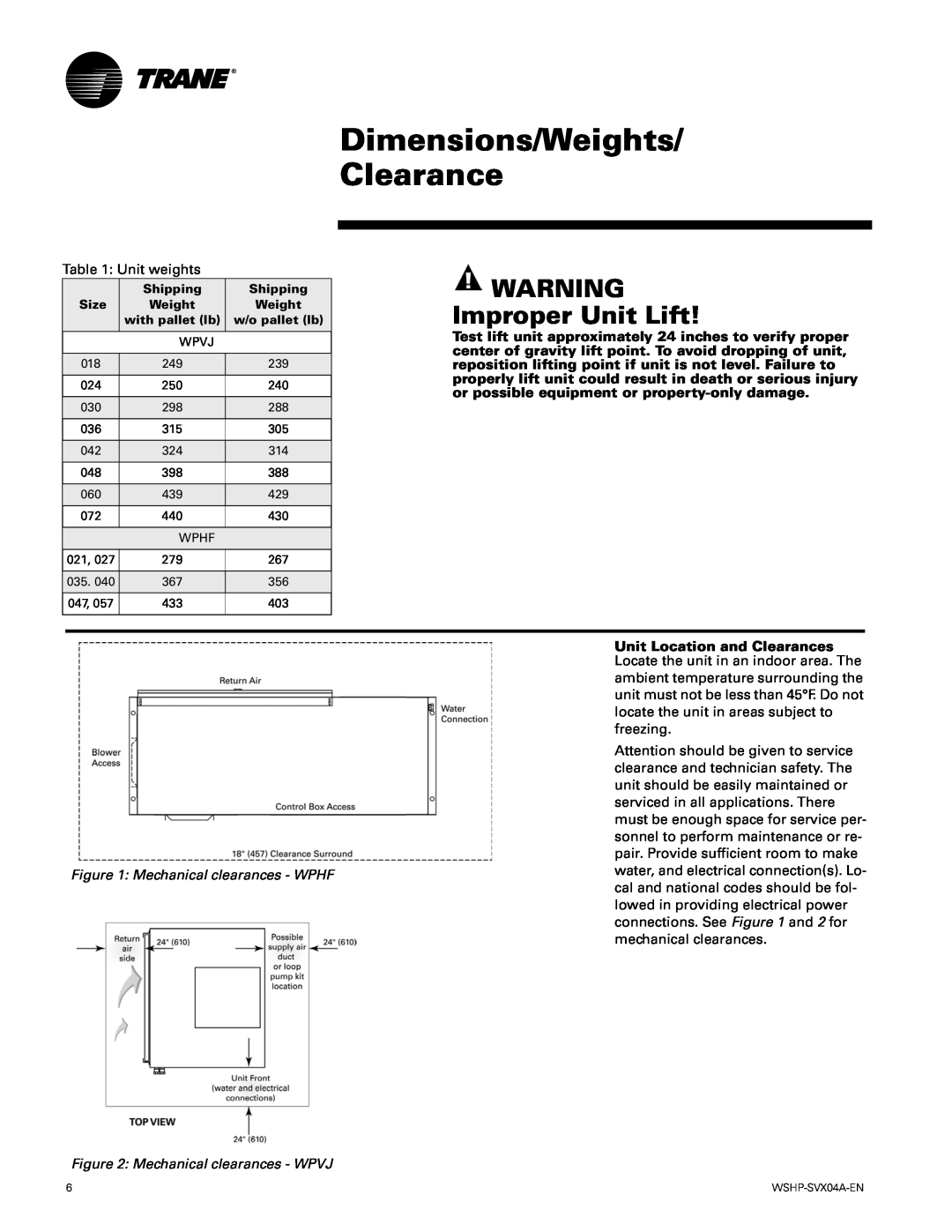 Trane WPHF, WPVJ manual Dimensions/Weights/ Clearance, Improper Unit Lift 