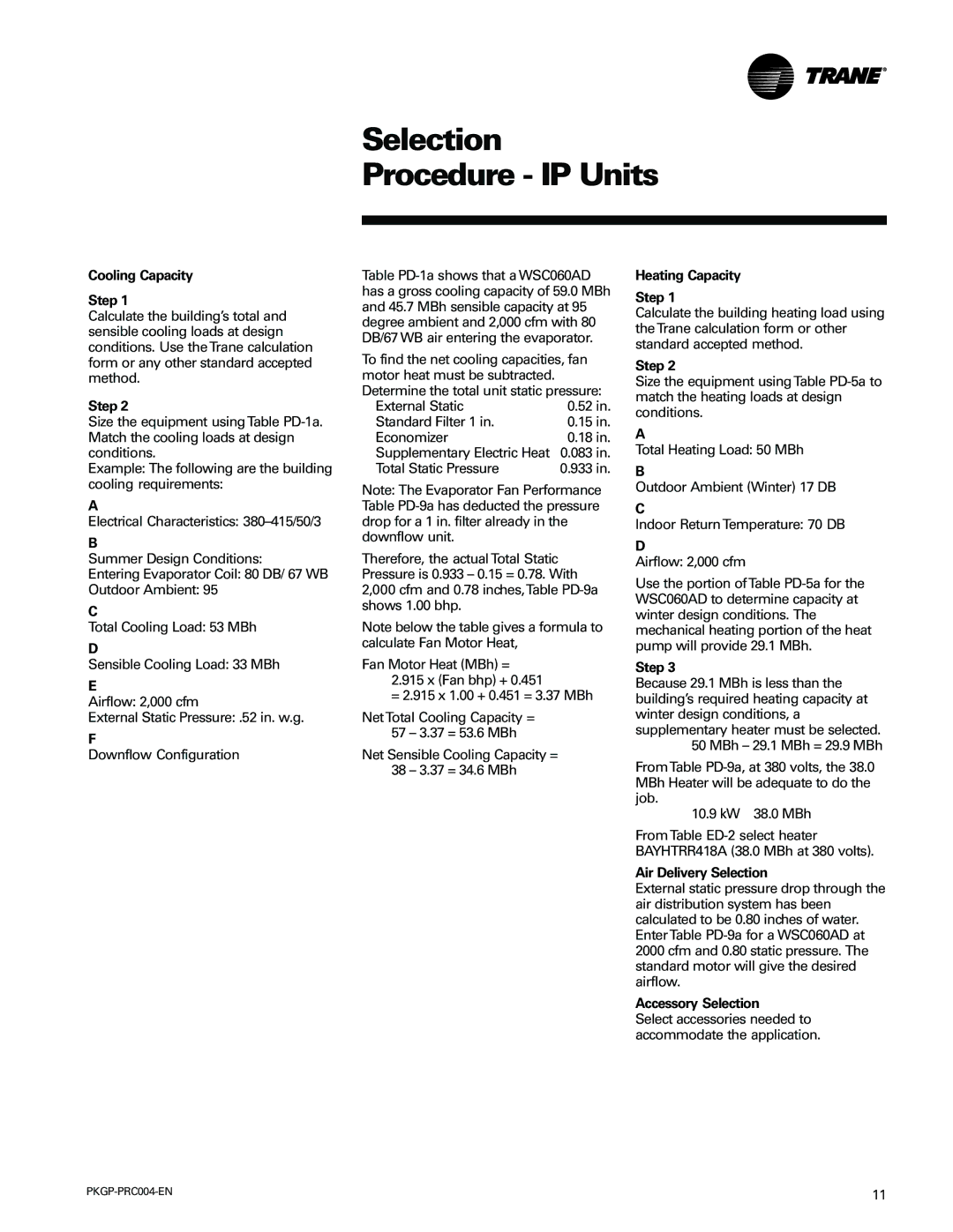 Trane WSC060-120 manual Selection Procedure IP Units 