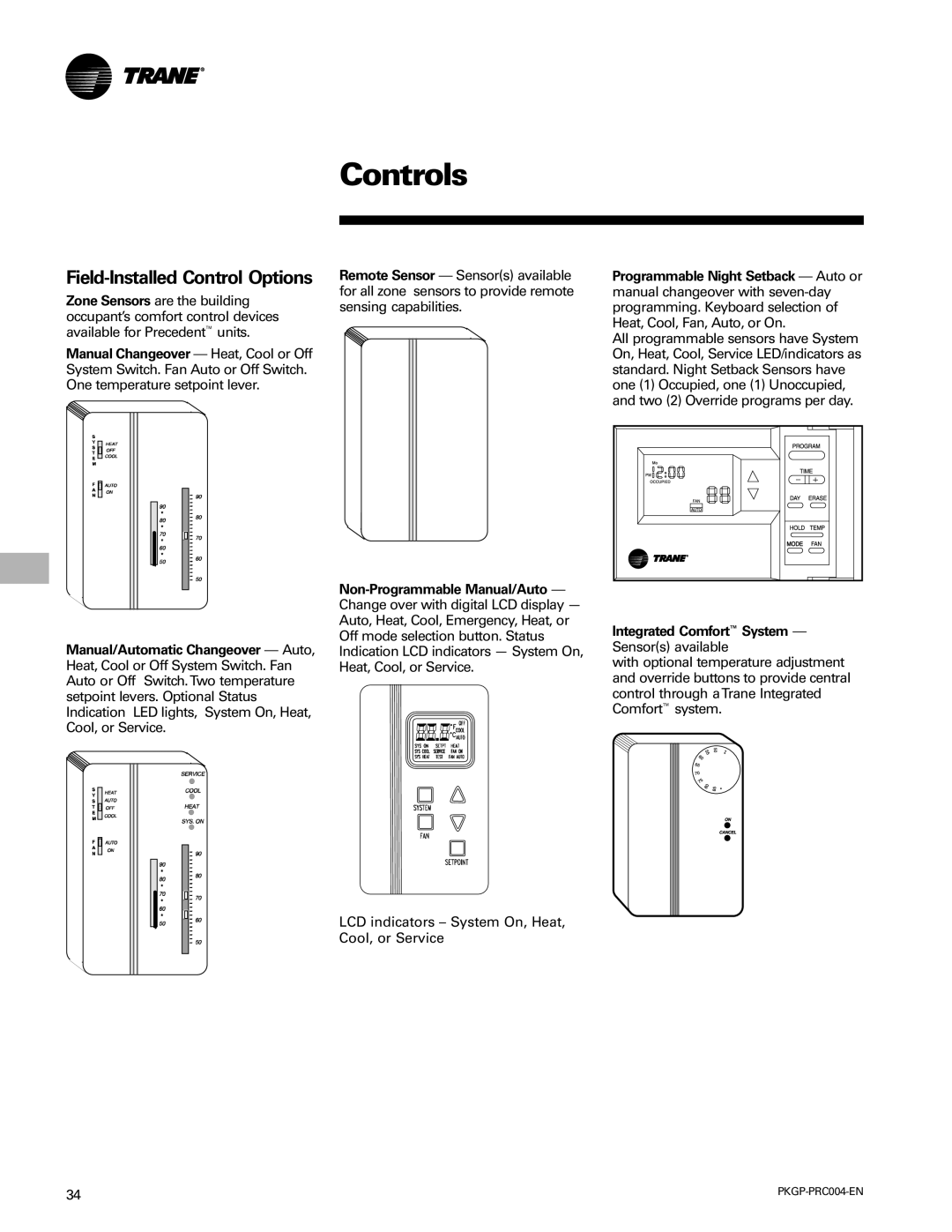 Trane WSC060-120 manual Controls, Integrated Comfort System Sensors available 