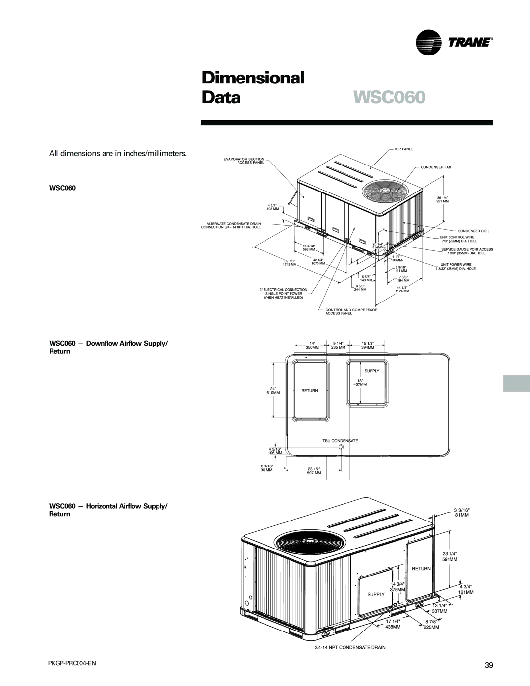 Trane WSC060-120 manual Dimensional, DataWSC060 