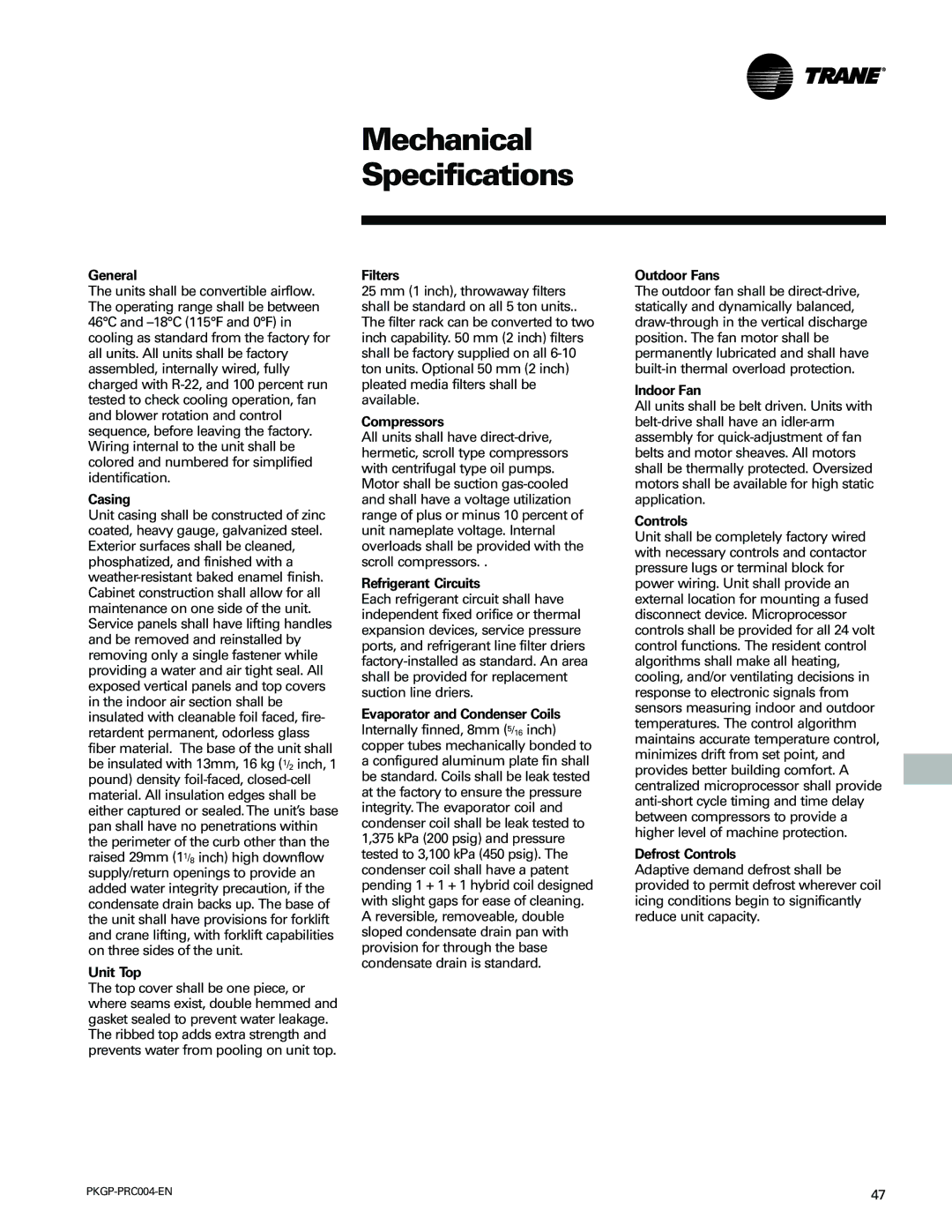 Trane WSC060-120 manual Mechanical Specifications 