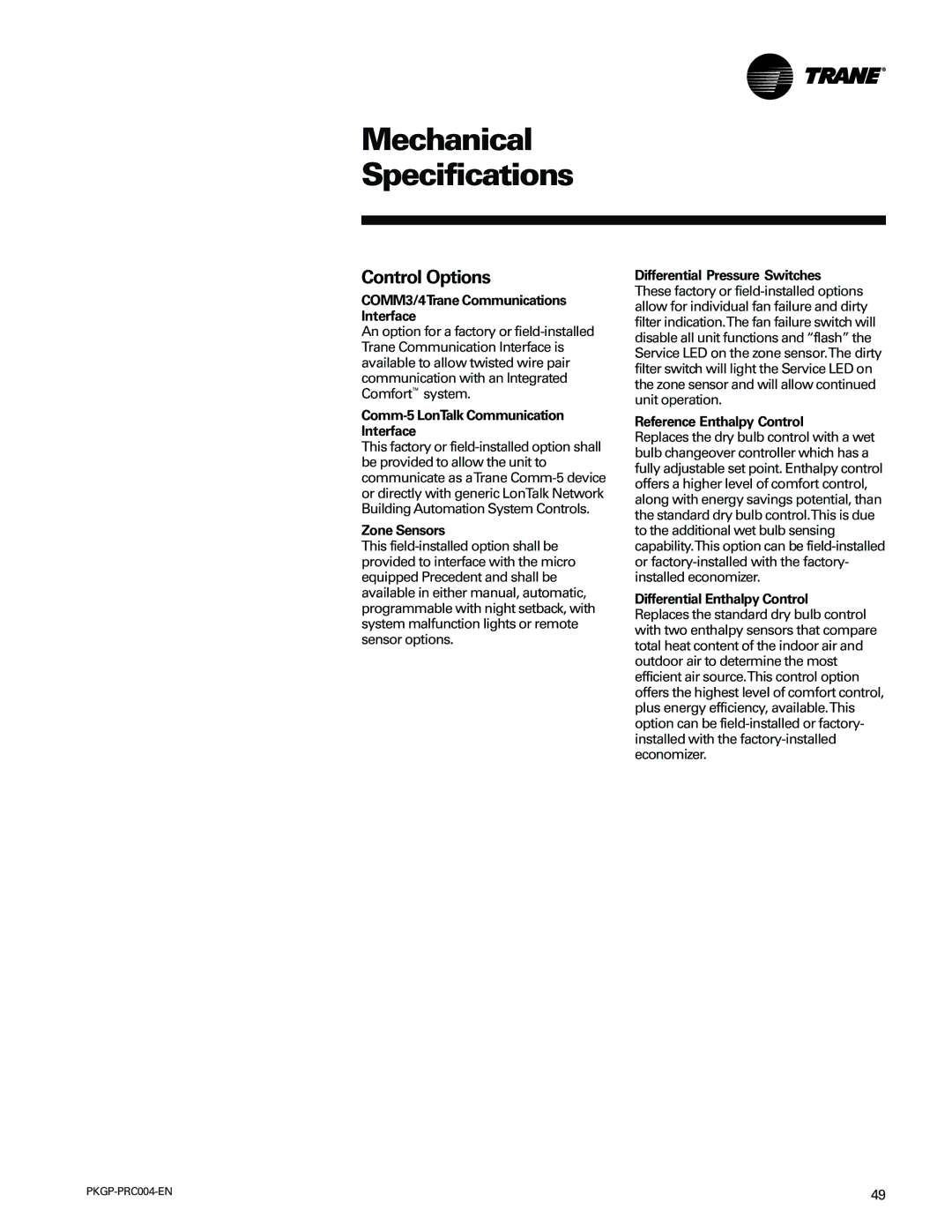 Trane WSC060-120 manual COMM3/4Trane Communications Interface, Comm-5 LonTalk Communication Interface, Zone Sensors 