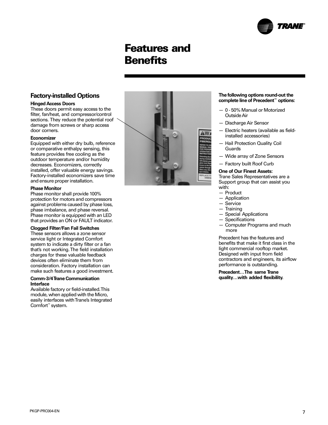 Trane WSC060-120 manual Hinged Access Doors, Economizer, Phase Monitor, Comm-3/4Trane Communication Interface 