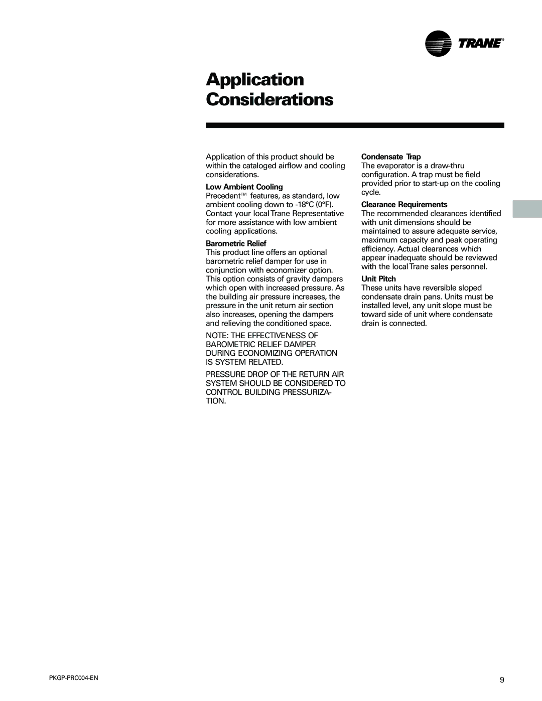 Trane WSC060-120 manual Barometric Relief, Condensate Trap, Clearance Requirements, Unit Pitch 