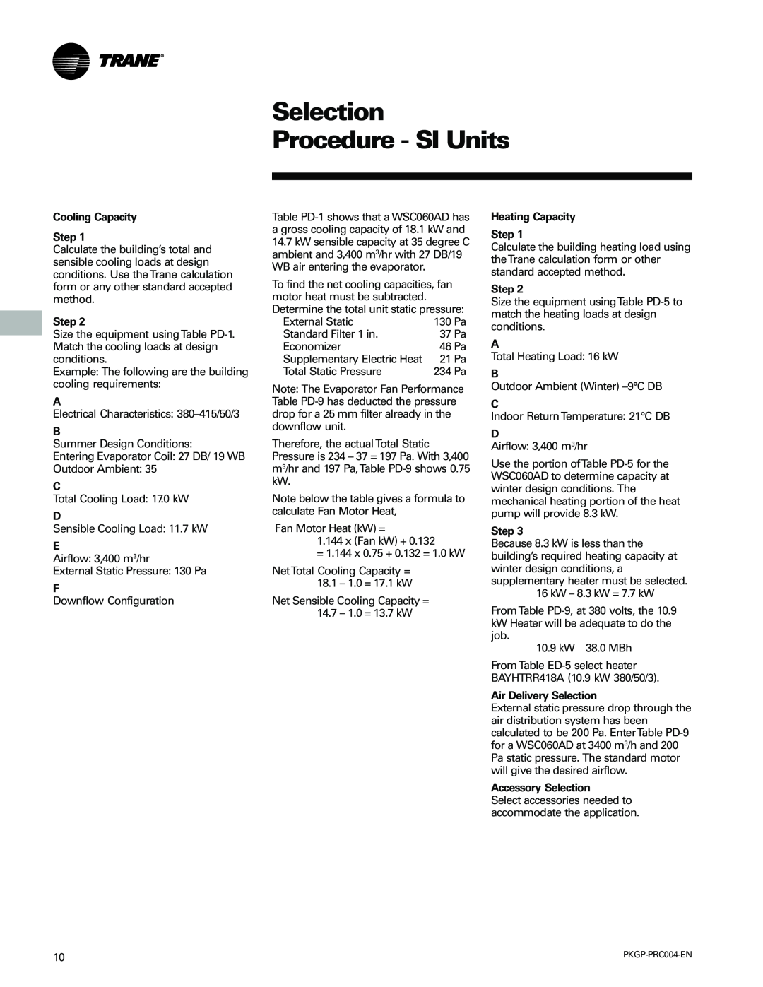 Trane WSC060-120 manual Selection Procedure - SI Units 