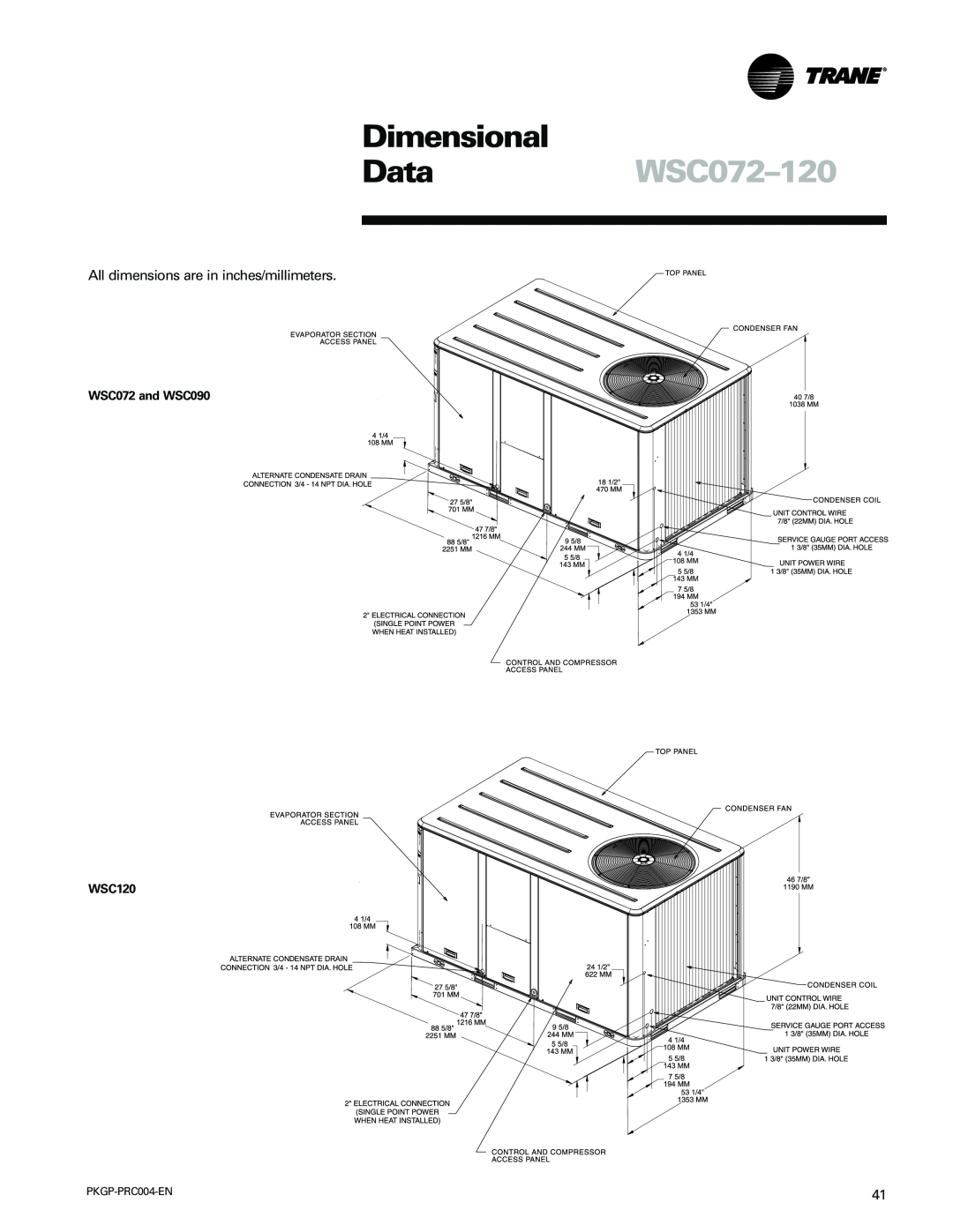 Trane WSC060-120 manual DataWSC072-120, Dimensional, All dimensions are in inches/millimeters, WSC072 and WSC090 WSC120 