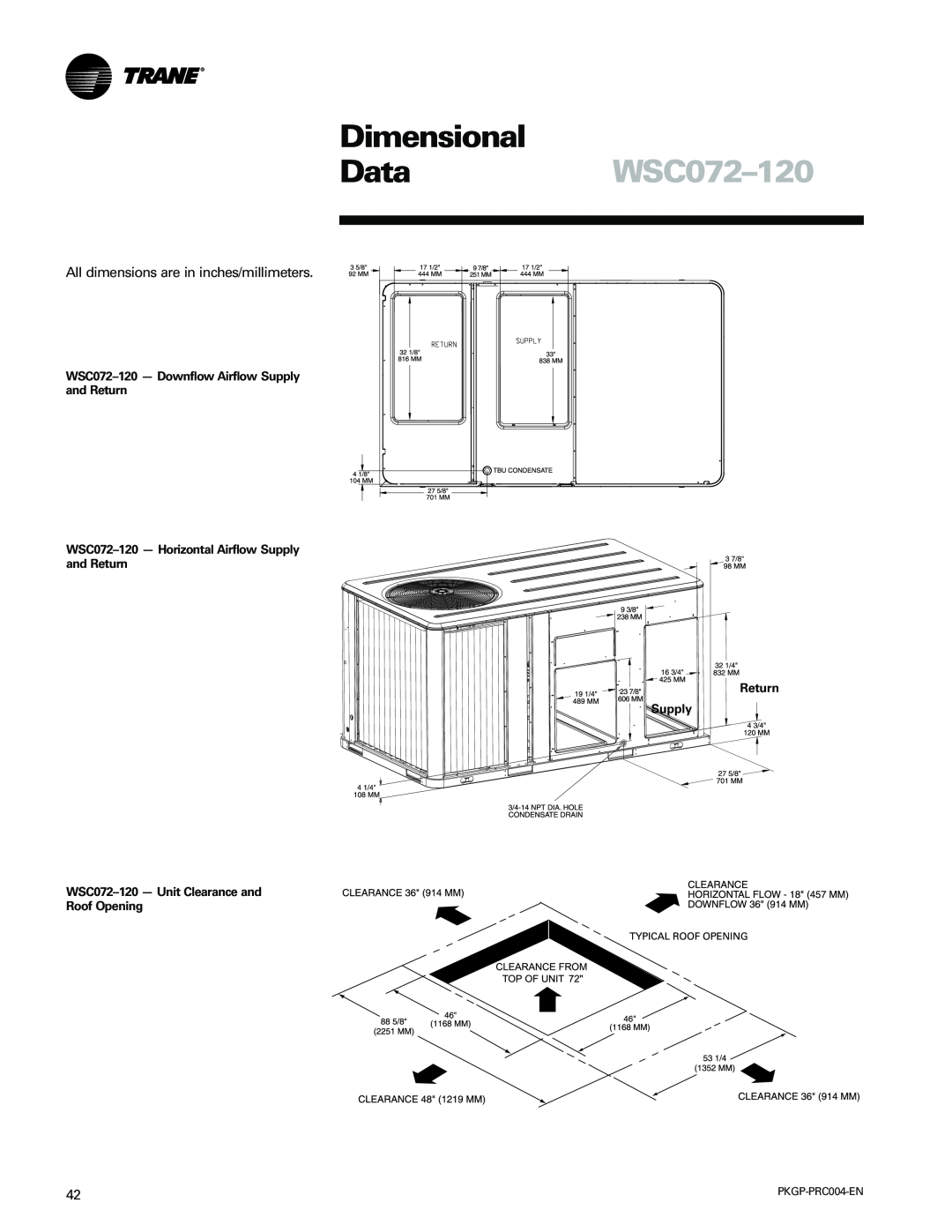 Trane WSC060-120 manual Dimensional, DataWSC072-120, WSC072-120- Downflow Airflow Supply and Return, Roof Opening 
