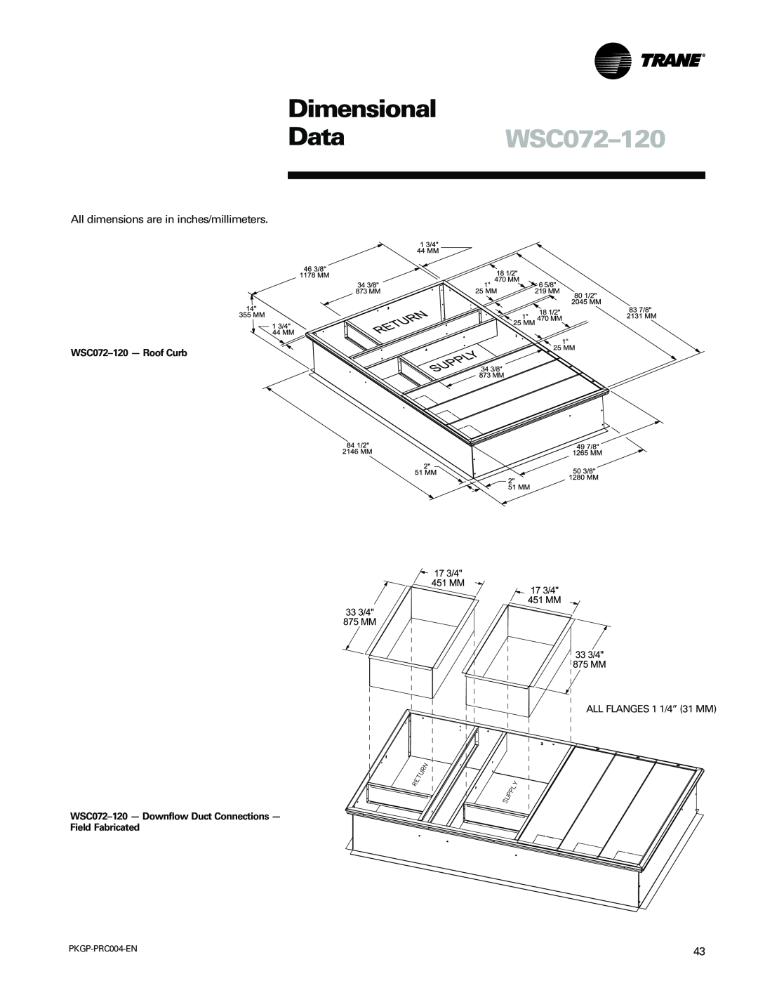 Trane WSC060-120 manual Dimensional, DataWSC072-120, WSC072-120- Roof Curb, WSC072-120- Downflow Duct Connections 