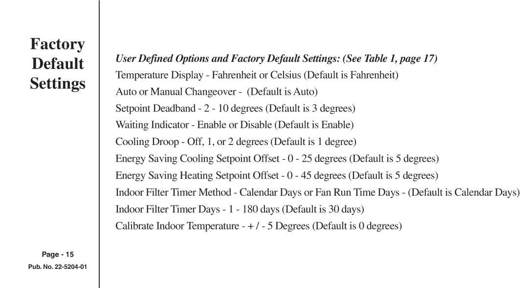 Trane XB200 manual User Defined Options and Factory Default Settings See 