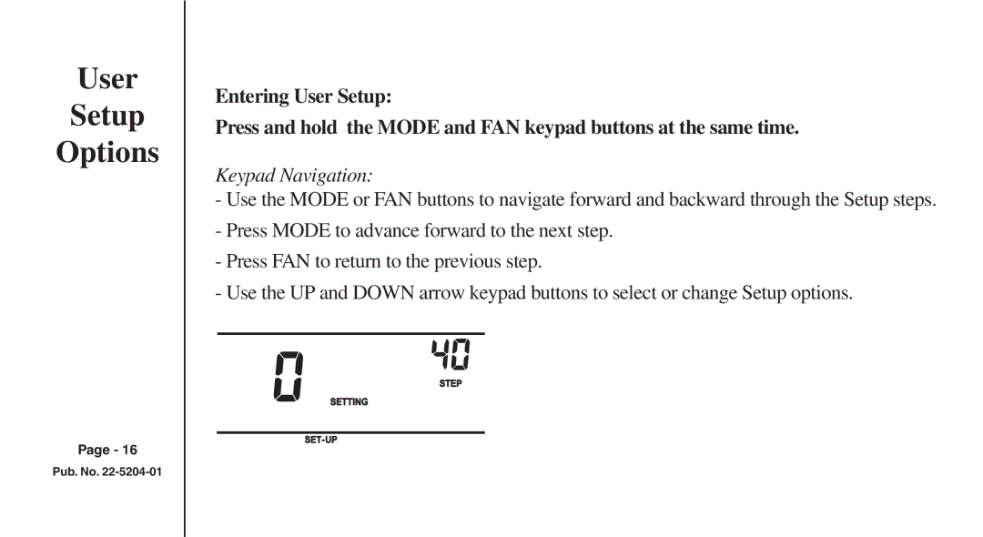 Trane XB200 manual User Setup Options, Keypad Navigation 