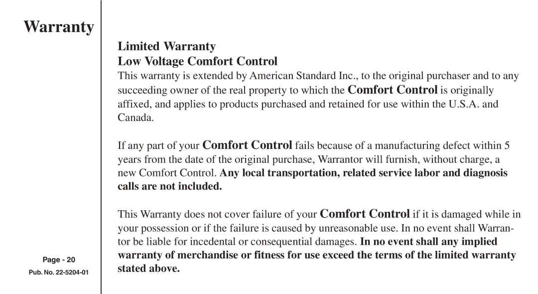 Trane XB200 manual Limited Warranty Low Voltage Comfort Control 