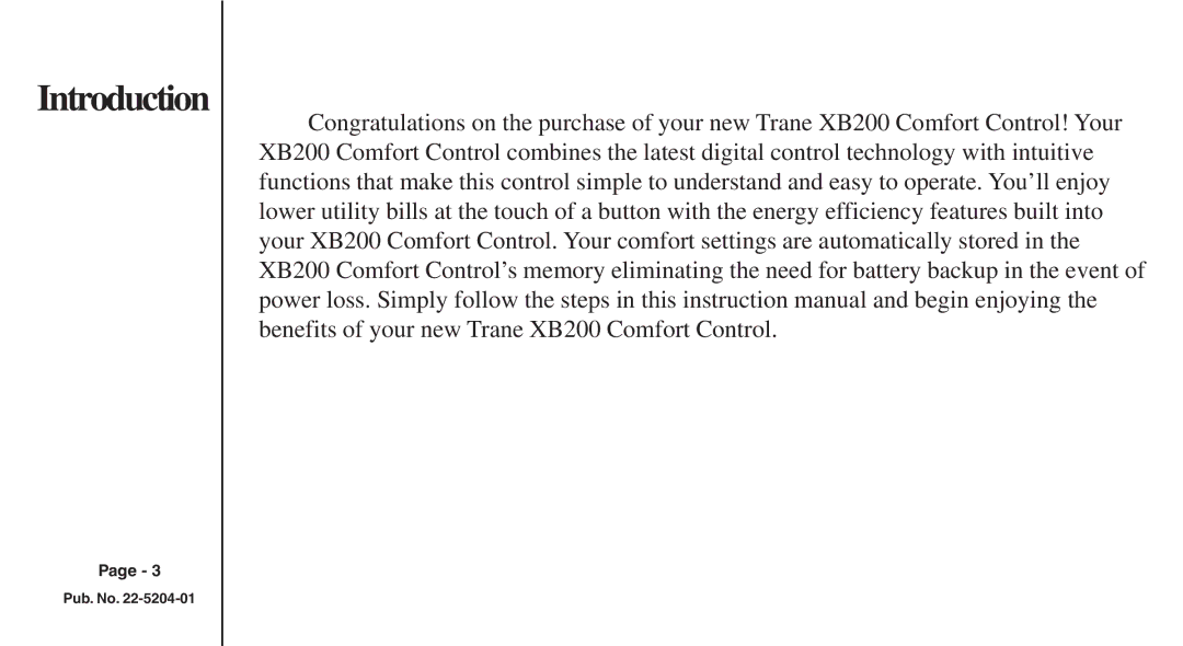 Trane XB200 manual Introduction 