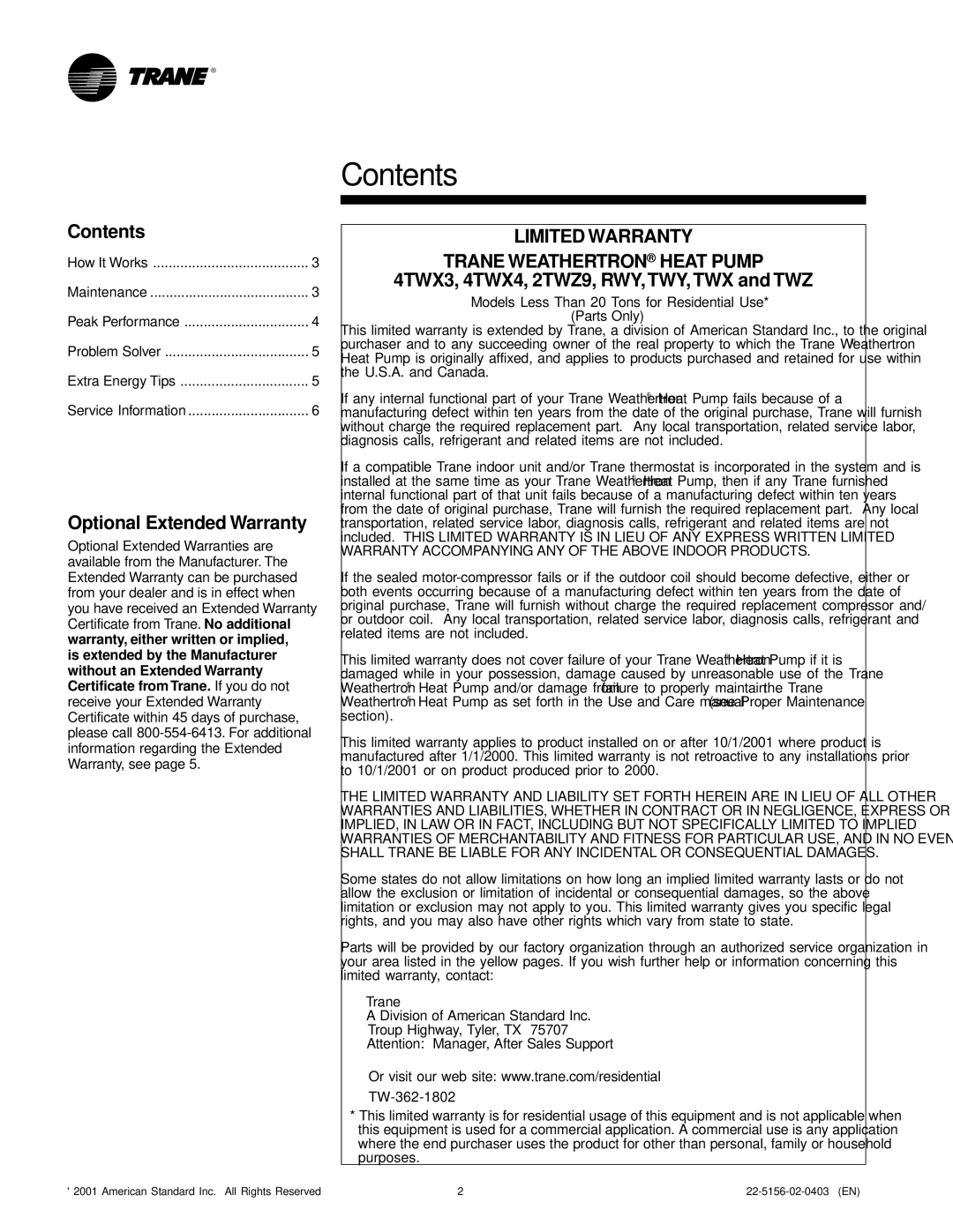 Trane XL Series manual Contents 