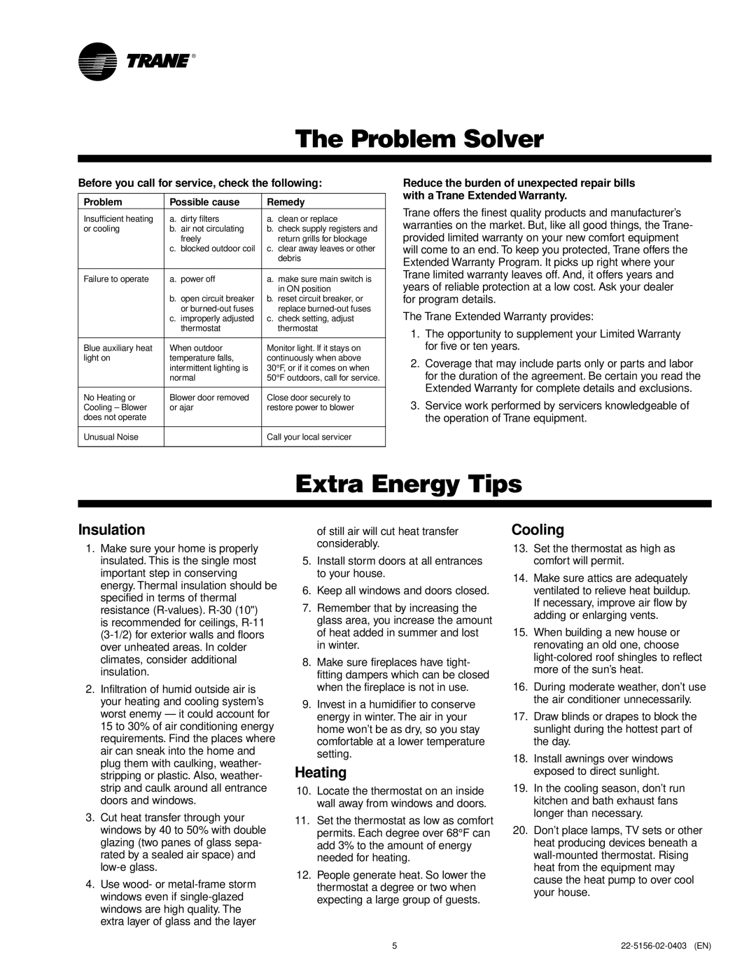 Trane XL Series manual Problem Solver, Extra Energy Tips, Insulation, Heating, Cooling 