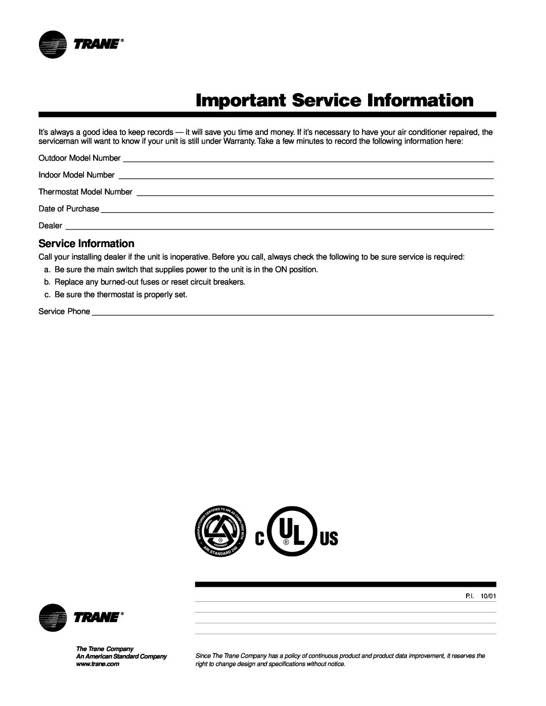 Trane XL Series manual Important Service Information 