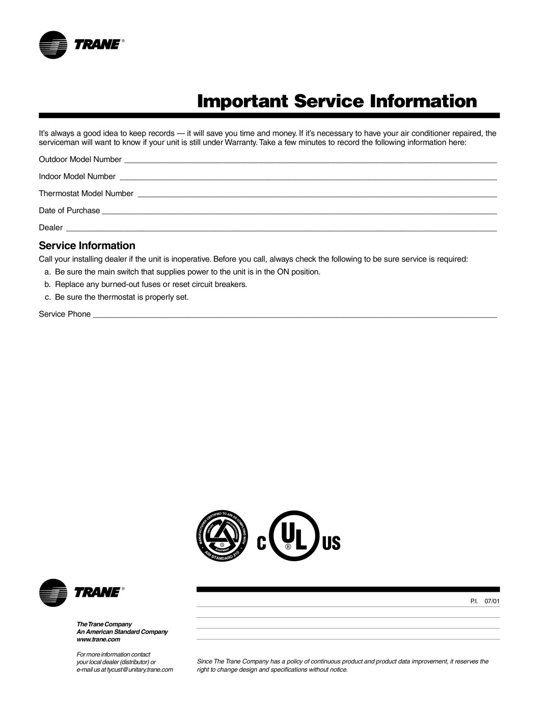 Trane XL manual Important Service Information 