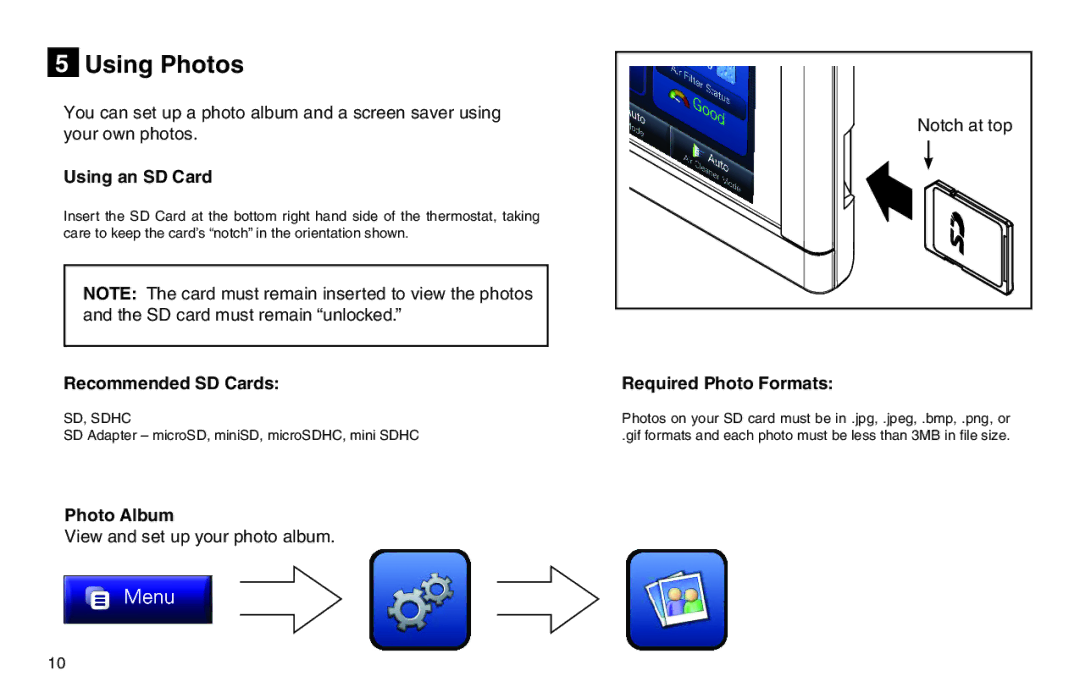 Trane XL950 manual Using Photos, Using an SD Card, Recommended SD Cards, Photo Album, Required Photo Formats 