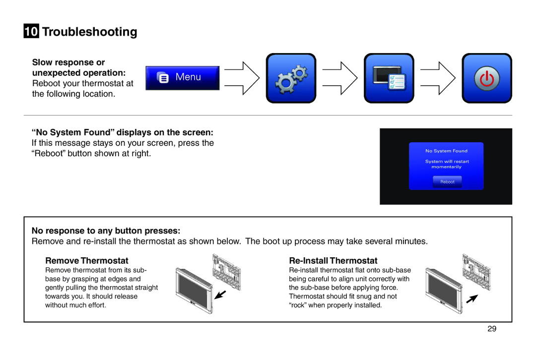 Trane XL950 manual Troubleshooting, Remove Thermostat, Re-Install Thermostat 