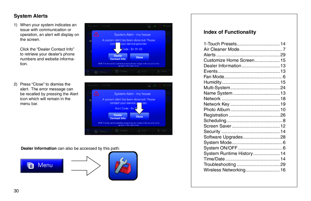 Trane XL950 manual System Alerts, Index of Functionality 