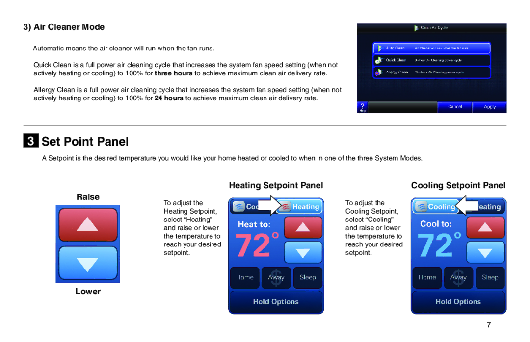 Trane XL950 manual Set Point Panel, Air Cleaner Mode, Heating Setpoint Panel, Raise, Lower 