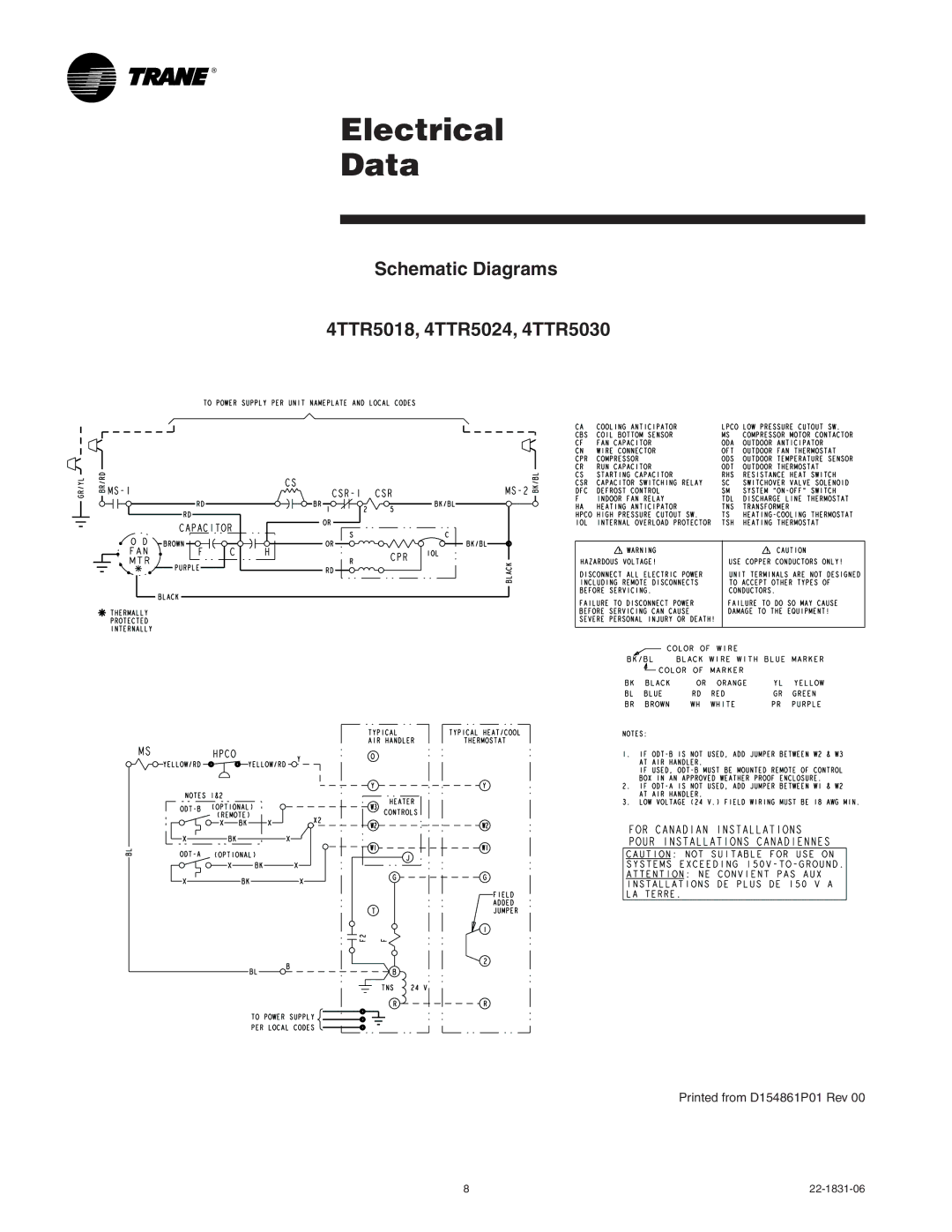 Trane XR15 manual Electrical Data 