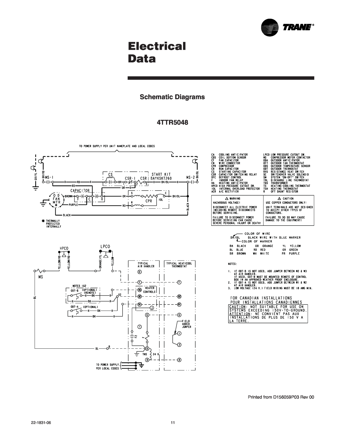 Trane XR15 manual Electrical Data, Schematic Diagrams 4TTR5048, Printed from D156059P03 Rev 