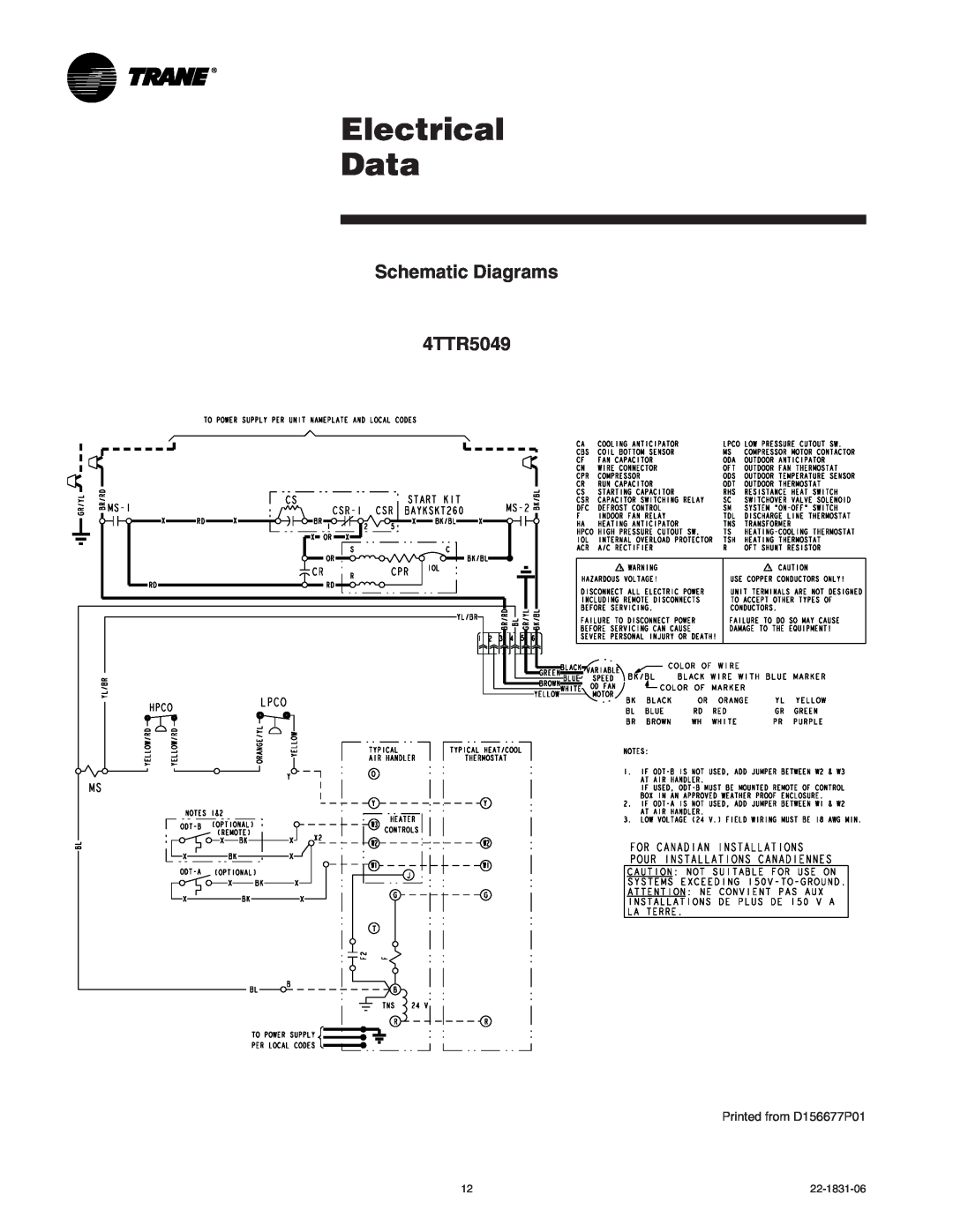 Trane XR15 manual Electrical Data, Schematic Diagrams 4TTR5049, Printed from D156677P01 