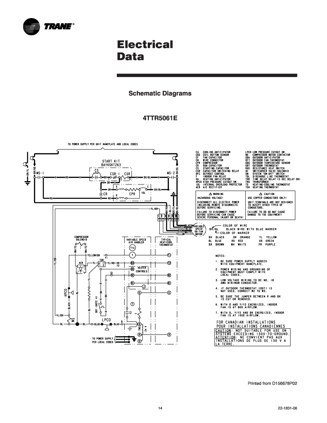 Trane XR15 manual Electrical Data, Schematic Diagrams 4TTR5061E, Printed from D156678P02 