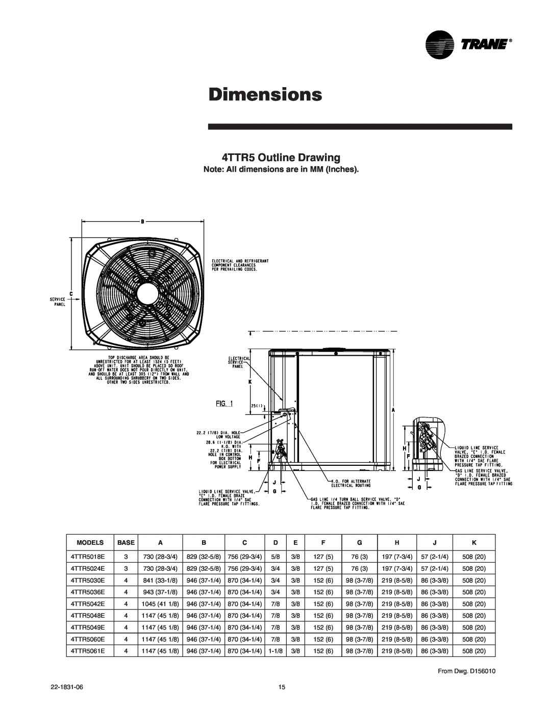Trane XR15 manual Dimensions, 4TTR5 Outline Drawing, Models, Base 