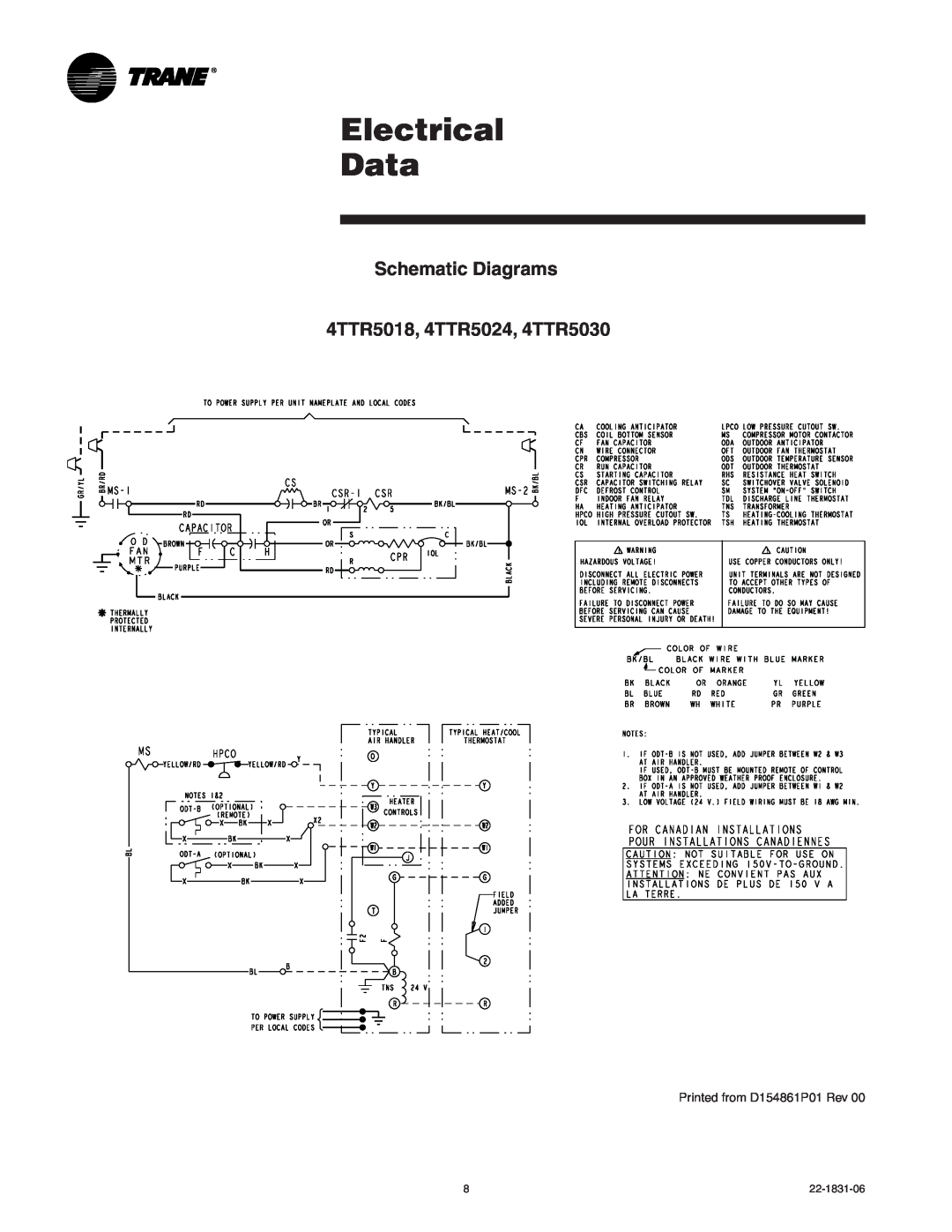 Trane XR15 manual Electrical Data, Schematic Diagrams 4TTR5018, 4TTR5024, 4TTR5030 