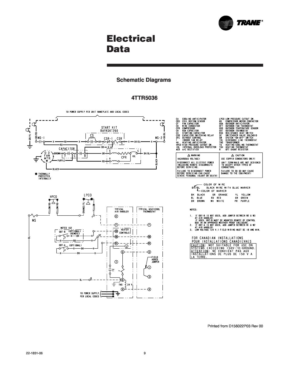 Trane XR15 manual Electrical Data, Schematic Diagrams 4TTR5036, Printed from D156022P03 Rev 