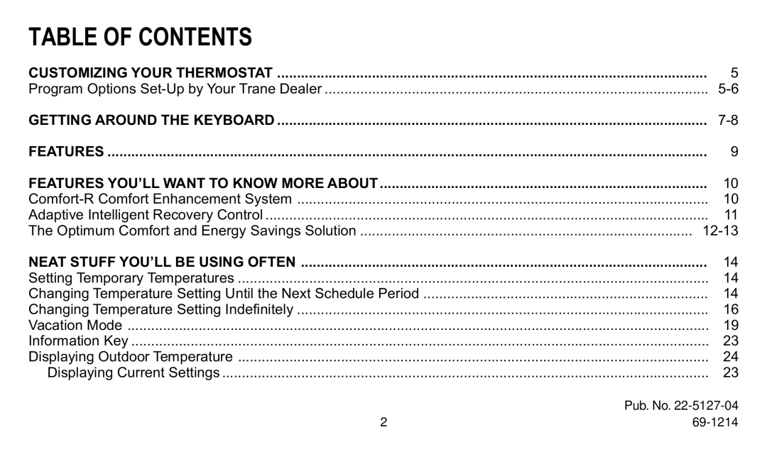 Trane XT302C, XT300C manual Table of Contents 