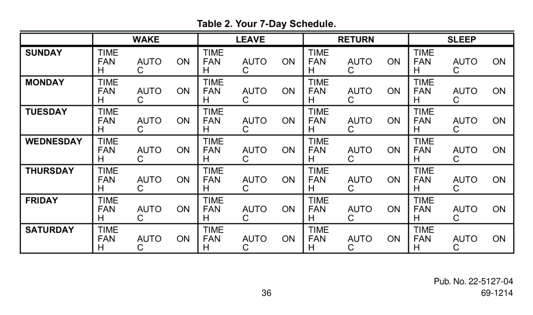 Trane XT302C, XT300C manual Your 7-Day Schedule 