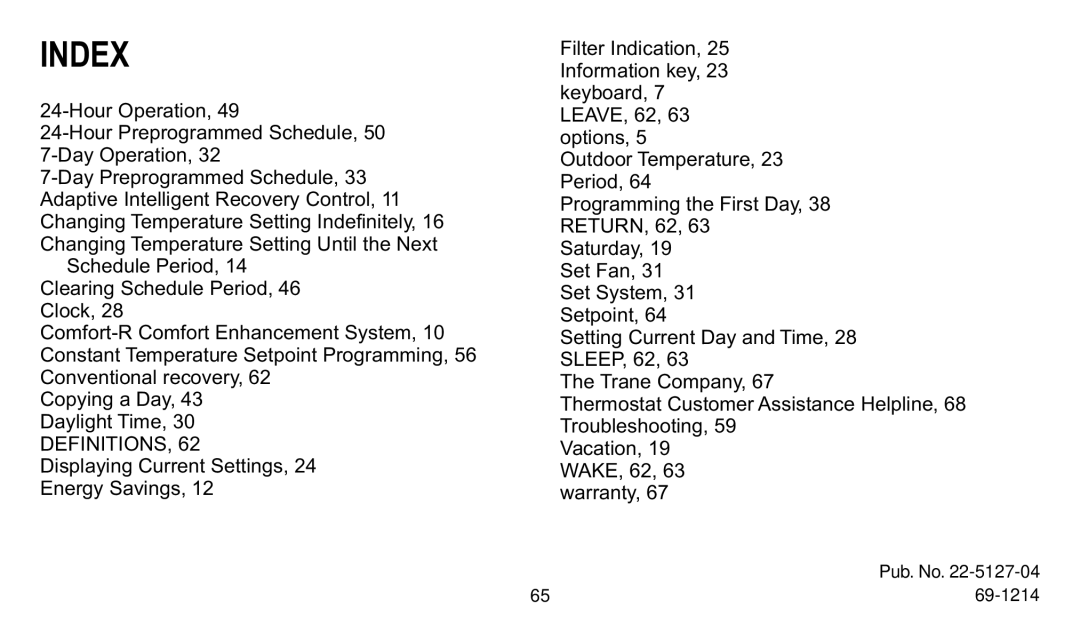 Trane XT300C, XT302C manual Index, Hour Operation Hour Preprogrammed Schedule Day Operation 