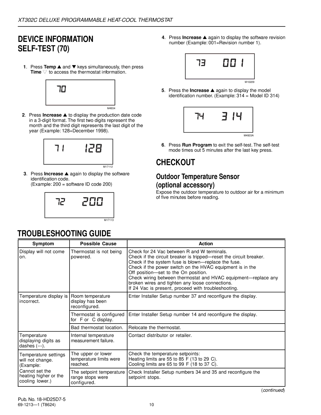 Trane XT302C manual Device Information SELF-TEST, Checkout, Troubleshooting Guide, Symptom Possible Cause Action 