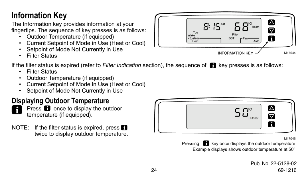 Trane XT500C manual Information Key, Displaying Outdoor Temperature 