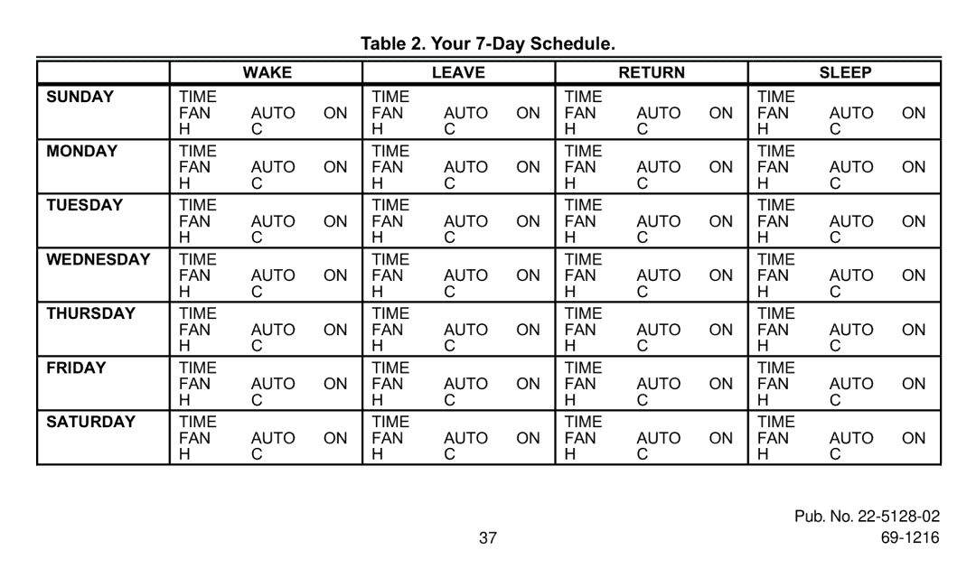 Trane XT500C manual Your 7-Day Schedule 