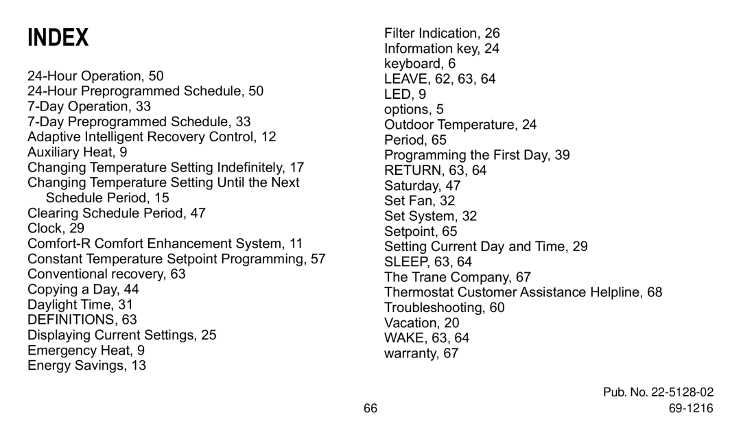 Trane XT500C manual Index, Definitions 