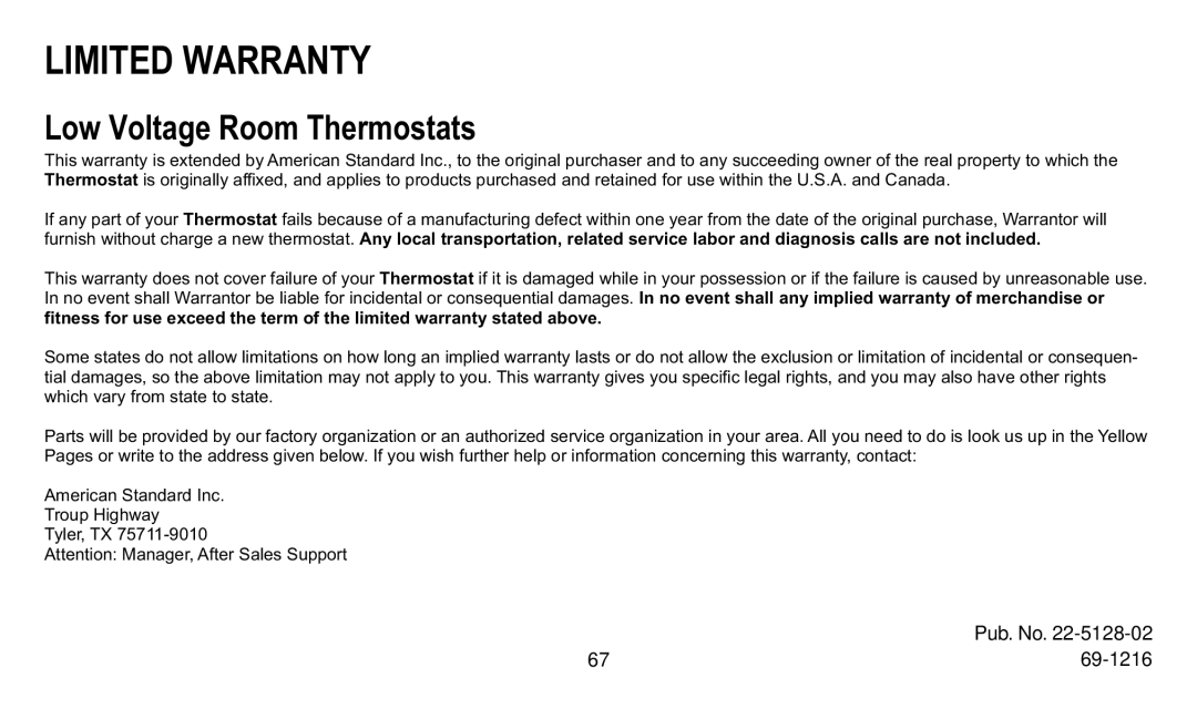 Trane XT500C manual Limited Warranty, Low Voltage Room Thermostats 