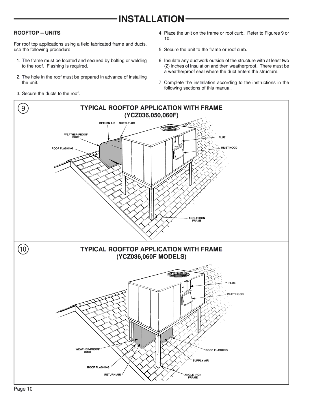 Trane YCZ035F1 manual Typical Rooftop Application with Frame, YCZ036,050,060F, YCZ036,060F Models, Rooftop -- Units 