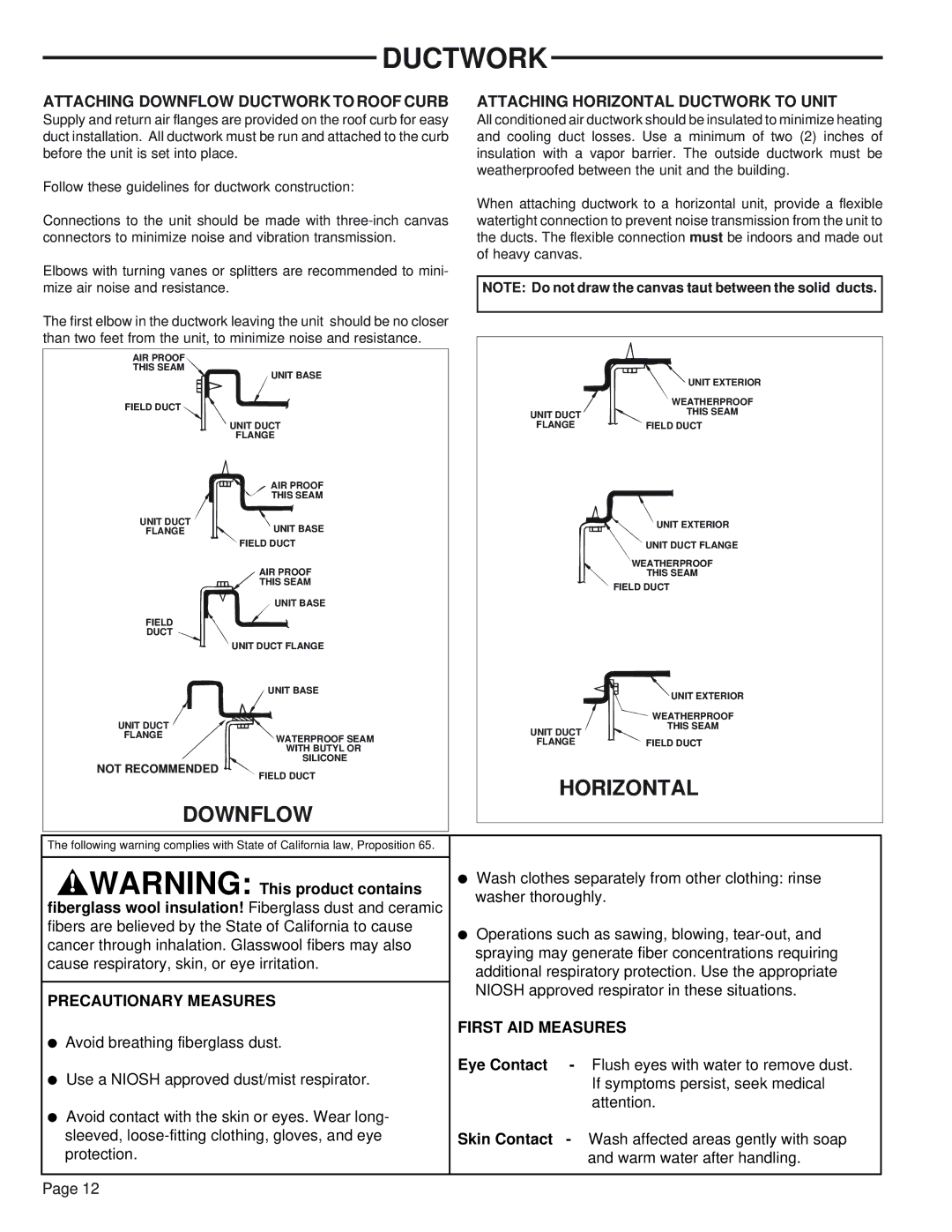 Trane YCZ035F1 Attaching Downflow Ductwork to Roof Curb, Attaching Horizontal Ductwork to Unit, Precautionary Measures 