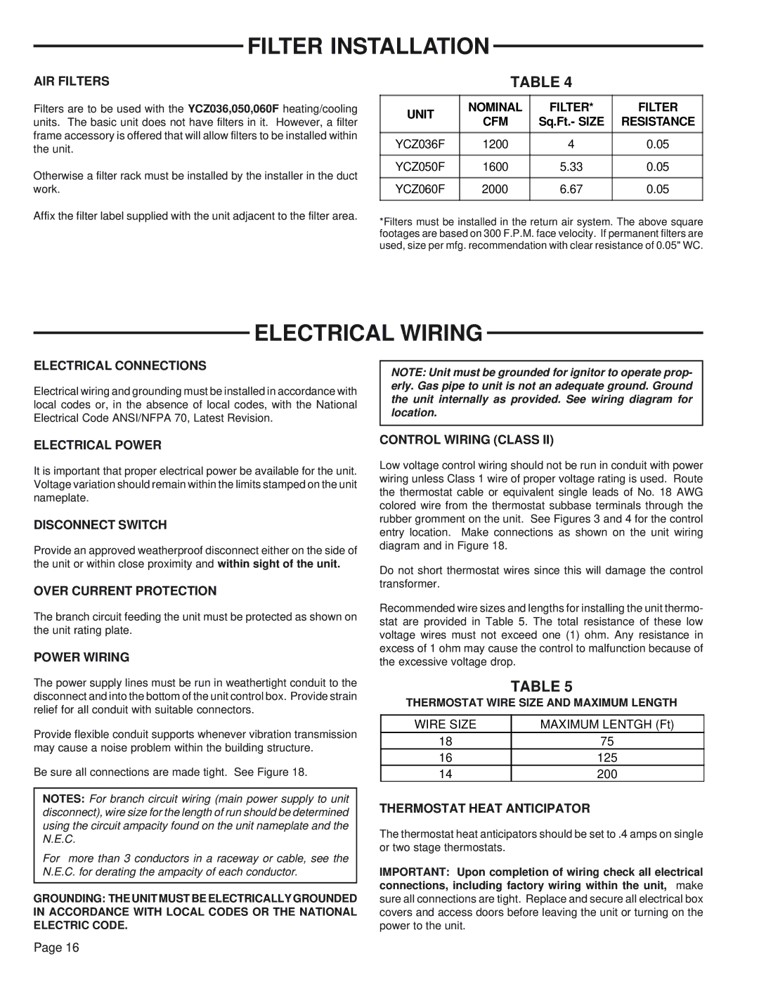 Trane YCZ035F1, YCZ036F1/3M0B manual Filter Installation, Electrical Wiring 