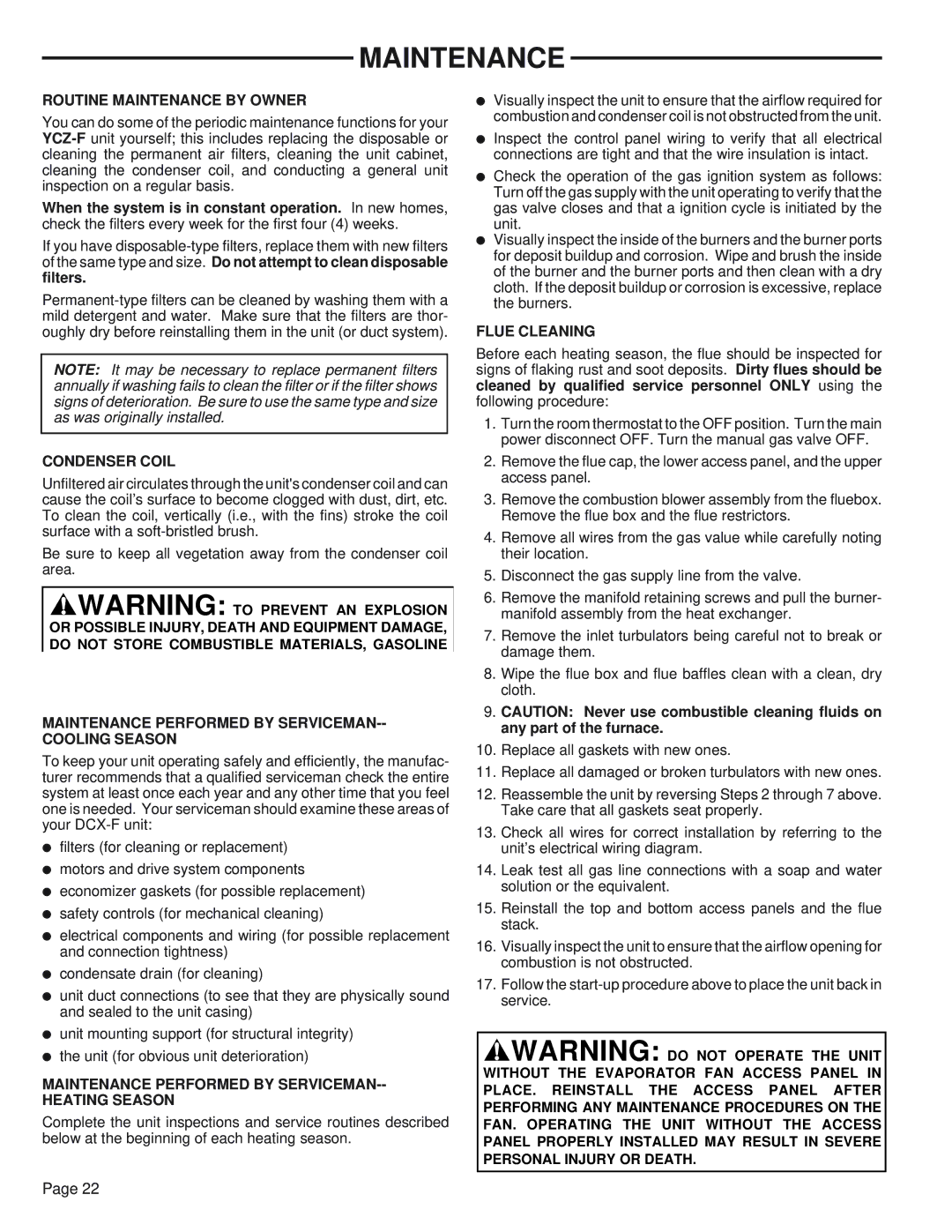 Trane YCZ035F1, YCZ036F1/3M0B manual Maintenance 