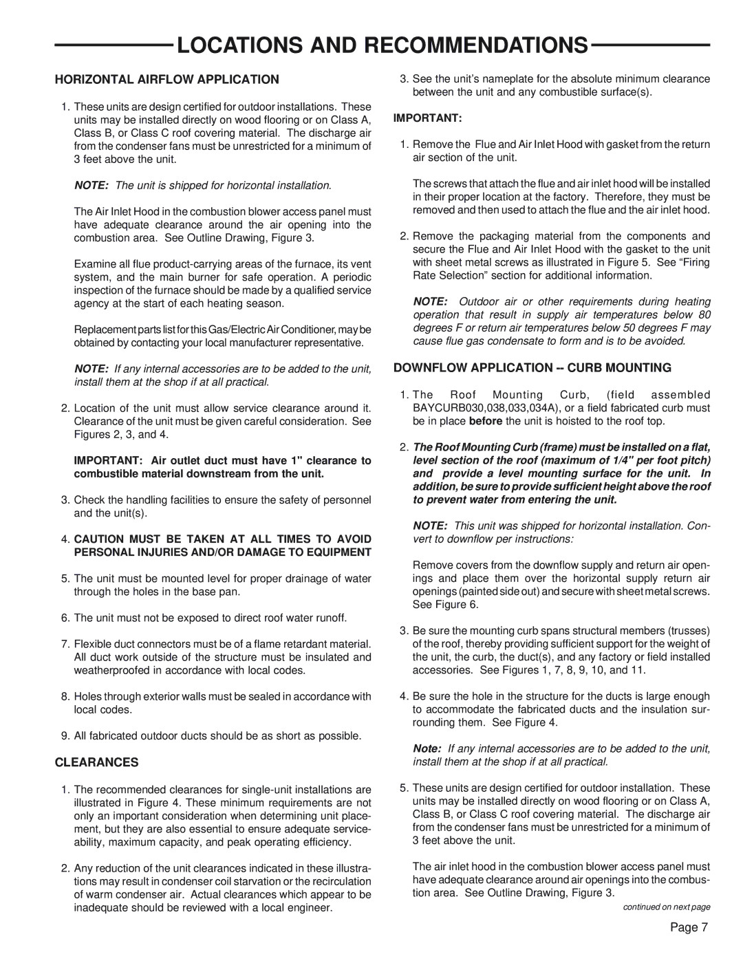 Trane YCZ036F1/3M0B, YCZ035F1 manual Locations and Recommendations, Horizontal Airflow Application, Clearances 