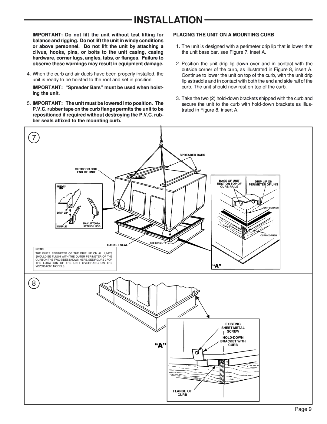 Trane YCZ036F1/3M0B, YCZ035F1 manual Placing the Unit on a Mounting Curb 